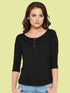 Women Black 3/4 Sleeves Henley T-Shirt